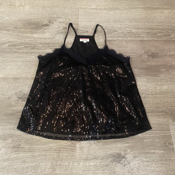 Andree by Unit Black Sequin Top Size Small Sequined Lace Blouse Tank - Picture 1 of 4